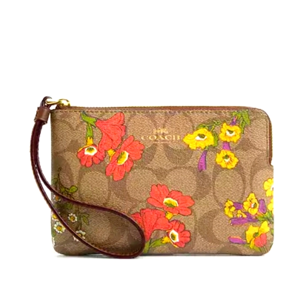 Coach Signature Canvas Corner Zip Wristlet With Floral Print **FAST SHIPPING** - Picture 1 of 6